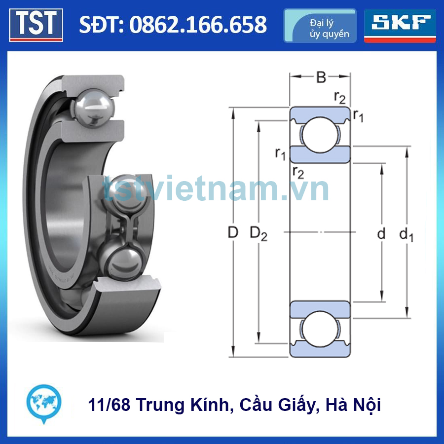 Bản vẽ kích thước vòng bi SKF 6208-2ZNR